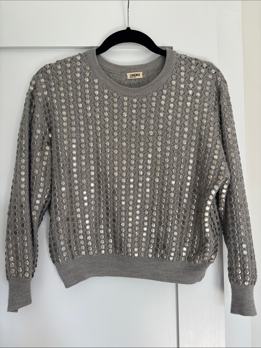 L'AGENCE Silver Gray Sequin Crewneck Sweater